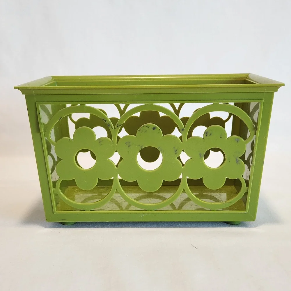Vintage Lime Green Retro Floral Cutout Napkin Holder‎ Plastic Storage Basket MCM